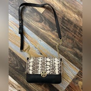 Tory Burch black, snakeskin and light pink crossbody with adj strap handbag